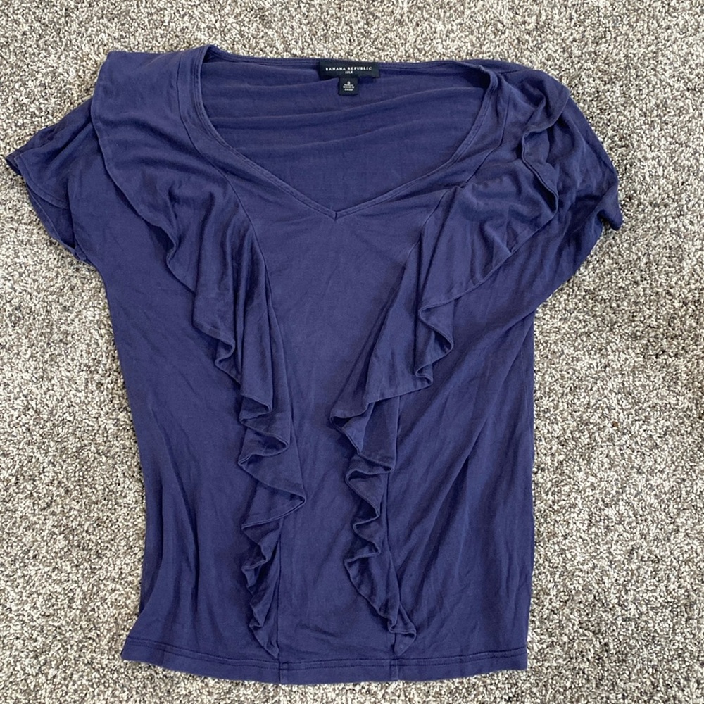 Banana Republic silk navy blue shirt with ruffles